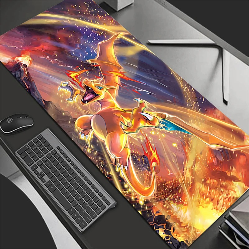 Pc Gaming Notebook - แผ่นรองเมาส์อะนิเมะอุปกรณ์เสริมสำหรับเล่นเกมขนาดใหญ่พรมเกมเมอร์พีซีคอมพิวเตอร์สำนักงานแล็ปท็อปคีย์บอร์ดแผ่นรองโต๊ะพี-โปเกมอน ชาริซาร์ด แผ่นรองเมาส์